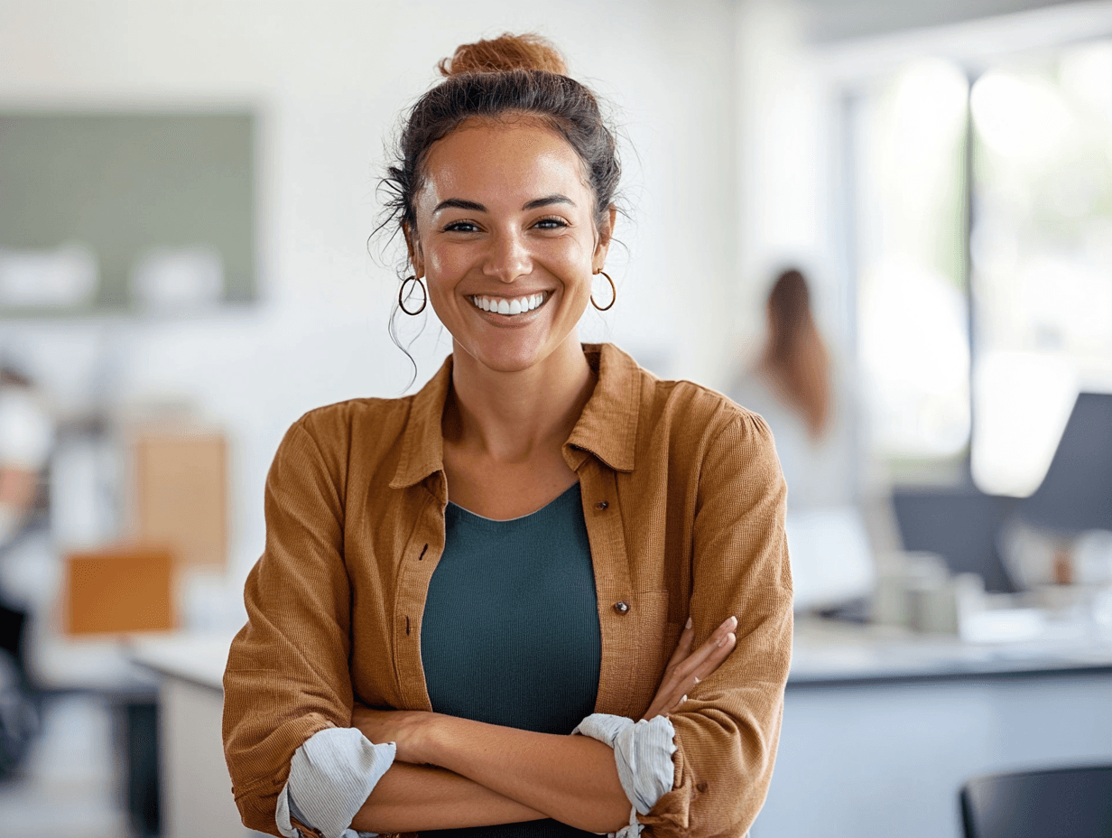 Nonprofit HR administrator smiling while thinking about new ICHRA plan